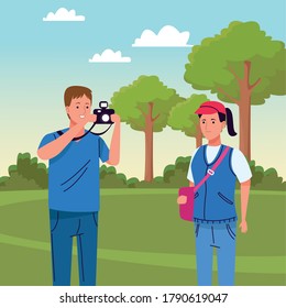 couple of tourists doing activities in the field scene vector illustration design