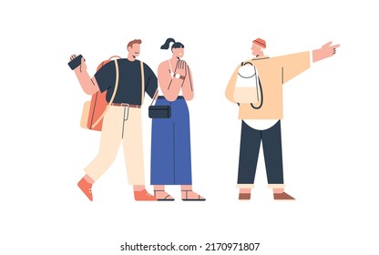 Un par de turistas yendo de turismo, pidiendo ayuda a la persona local. Hombre y mujer con guía individual personal en vacaciones de verano, viajes . Ilustración vectorial plana aislada en fondo blanco