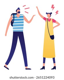 Pareja de turistas que tienen problemas de comunicación durante las vacaciones, mujer levantando la mano y discutiendo con el hombre con la mochila, pelea y conflicto entre las personas, concepto de malentendido