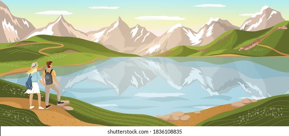 Un par de turistas miran el lago de la montaña. Ilustración del concepto de vectores de aventura y viajes al aire libre. Afiche del paisaje natural. Hombres y mujeres felices senderistas disfrutan de vistas al lago de montaña