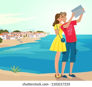 Couple of tourists making selfie near the sea. Colorful vector illustration.

