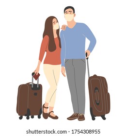 a couple of tourists, a man and a woman, wearing face masks and carrying suitcases. Prevention of coronavirus, covid-19. Travel and tourism during the pandemic. Flat vector illustration.