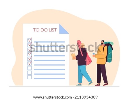 Couple of tourists next to huge sheet of paper with to-do list. Backpackers or travelers planning trip flat vector illustration. Traveling, tourism concept for banner, website design or landing page