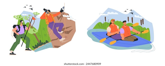 Couple of tourists on a romantic adventure explore the wonders of nature with partner. Outdoor activities and travel destinations for couples seeking adventure, vector banners set.