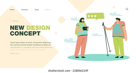 Couple of tourists rating location or travel agency services. Backpackers on trekking trip flat vector illustration. Traveling, tourism, customer feedback, hiking concept for banner, landing web page
