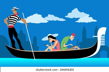 Couple of tourists riding a Venetian gondola, staring at their wifi gadgets, ignoring the scenery, EPS 8 vector illustration, no transparencies