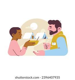 Couple of tourists sitting at the table and drinking coffee. Flat vector illustration.