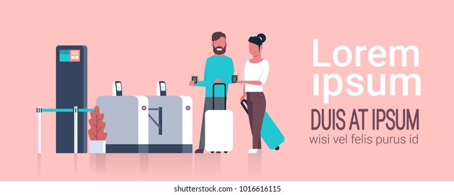 Couple Of Tourists With Suitcases Checking In At Airport Passing Through Security Scanner For Registration Flat Vector Illustration