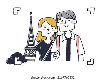 Couple tourists taking pictures near the radio tower Memories of a fun trip with multiple people
