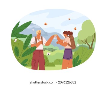 Couple of tourists travel in nature on holidays. Hikers with backpacks during adventure. Man present butterfly in jar to woman at summer journey. Flat vector illustration isolated on white background