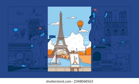 Couple of tourists travel and sightseeing Paris, vacation trip to France, modern people scene. Vector illustration in outline graphic style