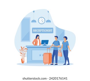 Un par de turistas o viajeros de pie en la recepción hablando con el recepcionista. ilustración moderna de vector plano 