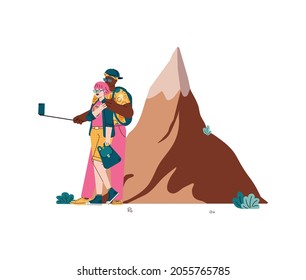 Couple of tourists or travelers taking selfie at backdrop of mountain, flat cartoon vector illustration isolated on white background. Characters of traveling people.