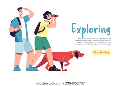Couple of tourists travelers and their dog saw something interesting in the distance. Vector illustration.