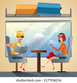 Couple tourists traveling by train together. School students group going on summer holiday road trip with Fuji Mountain background. Flat style vector illustration