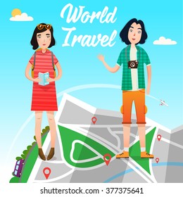Couple of tourists are traveling with a map, characters, vector illustration
