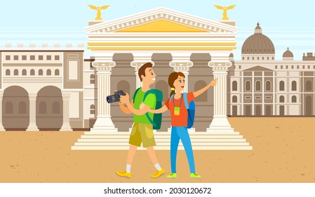 Couple of tourists traveling, take photo in Rome with pantheon temple column building. Travel to Italy tourism on vacation or studying, italian people and landmarks, architecture, culture sightseeings