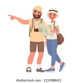 Couple of tourists visiting the sights. Travel to new countries. People and tourism. Vector illustration in cartoon style