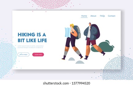 Couple of Tourists Walking on Picnic with Rucksacks and Map in Hands. Man and Woman Characters Hiking Hobby, Summertime Activity Website Landing Page, Web Page Cartoon Flat Vector Illustration, Banner