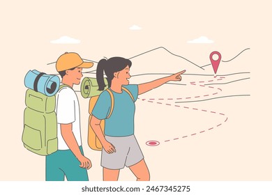 Couple of tourists went hiking and look at hills choosing best path or route to reach goal. Happy tourists participating in hiking use terrain orientation and navigation without gadgets