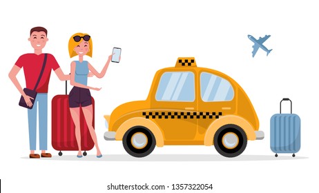 Couple of tourists young man and woman called a taxi by mobile phone. Suitcases on wheels and a stack of luggage Near the car. Side view of yellow cute taxi cab. Vector flat cartoon illustration