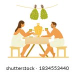 Couple In Towels Drinking Tea From Samovar In Sauna Or Banya. Flat Vector Illustration. Isolated On White.