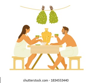 Acompáñese Con Toallas Tomando Té De Samovar En Sauna O Banya. Ilustración de vectores planos. Aislado En Blanco.