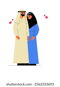 Couple In Traditional Arabic Dress Standing Together In Flat Vector Illustration Symbolizing Love, Culture, And Affection, Isolated On White Background