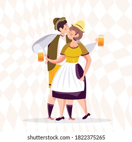 couple in traditional clothes drinking beer celebrating Oktoberfest party man woman having fun full length vector illustration