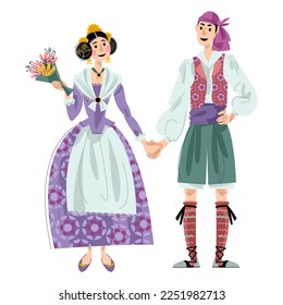 Couple in traditional clothes during the festival of Las Fallas (Festival of Fire) in Valencia, Spain. Vector illustration

