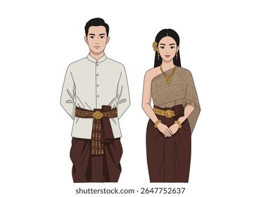 Couple in Traditional Dress, Art Pattern, Vector Flat Background 