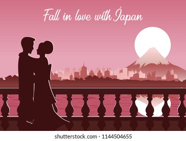 couple in traditional dress stand near river and fuji mount behind,silhouette style,red tone color