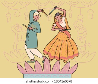 A couple in traditional Indian costumes are dancing on the lotus. hand drawn style vector design illustrations. 