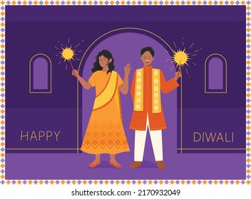 A couple in traditional Indian costumes are enjoying the festival with sparklers in their hands. flat design style vector illustration.