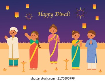 A couple in traditional Indian costumes are standing with their hands together in front of an Arabian door. festival poster card. flat design style vector illustration.