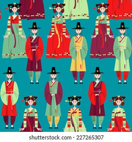 Couple in traditional korean dresses. Hanbok. Seamless background pattern. Vector illustration