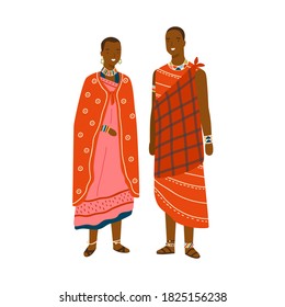 Couple in traditional maasai costume and accessories vector flat illustration. Man and woman in national ethnic clothing of african or kenyan people isolated. Characters in colorful folk apparel