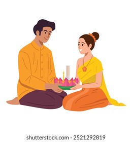 Una pareja con ropa tradicional tailandesa se prepara para hacer flotar un krathong durante el festival Loy Krathong