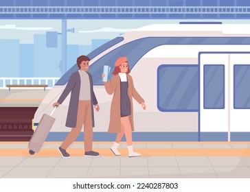 Couple at train station flat color vector illustration. Going to vacation together. Travel abroad. Romantic journey. Fully editable 2D simple cartoon characters with cityscape on background