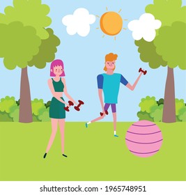 couple trainig outdoors with dumbbells