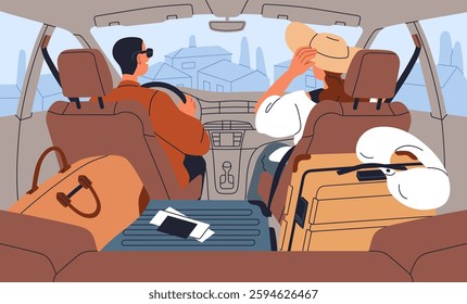 Couple travel to airport by car, back view. Man driver and woman passenger inside vehicle with bags, baggage, driving for summer vacation. Suitcases, luggage in auto. Flat vector illustration