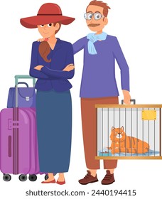 Couple travel with buggage and pet in carrier. Journey trip