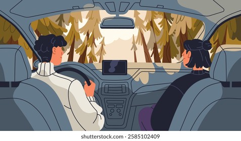 Couple travel by car in forest. Road trip, holiday adventure with man driver and woman passenger, family inside. Woodland, nature landscape view from interior, window. Flat vector illustration