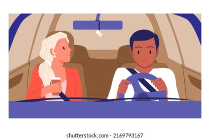 Couple travel by car together, front view of people through windshield vector illustration. Cartoon male driver holding steering wheel to drive auto transport, woman drinking coffee background