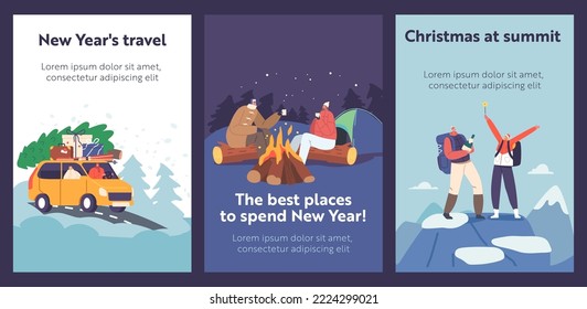 Couple Travel for Christmas Holidays Cartoon Banners. Male and Female Characters on Winter Vacation. Loving Man and Woman Driving Car with Tree, Camping in Tent, Climb on Rock. Vector Posters