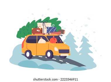 Couple Travel for Christmas Holidays on Car with Fir Tree and Bags with Presents on Roof Trunk. Loving Male and Female Characters on Winter Vacation Road Journey. Cartoon People Vector Illustration