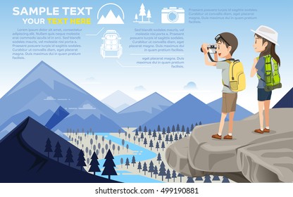 Couple Travel mountain and forest.New discover. Win the challenge. Arduous journey. Backpacker trip.