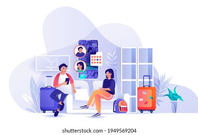 Couple travel to vacation together scene. Man and woman discussing route of travel, collected luggage. Tourism, summer recreation, trip concept. Vector illustration of people characters in flat design