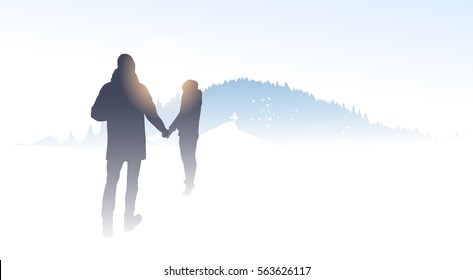 Couple Traveler Silhouette Walking Mountain Winter Forest Nature Background Vector Illustration