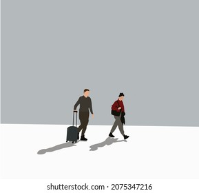 Couple traveler walking with luggage on Summer vacation trip. Colored flat vector illustration of tourists, travelers or passengers